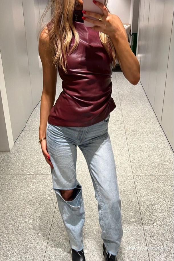 Ylona - Luxe Slim-fit Leather Top