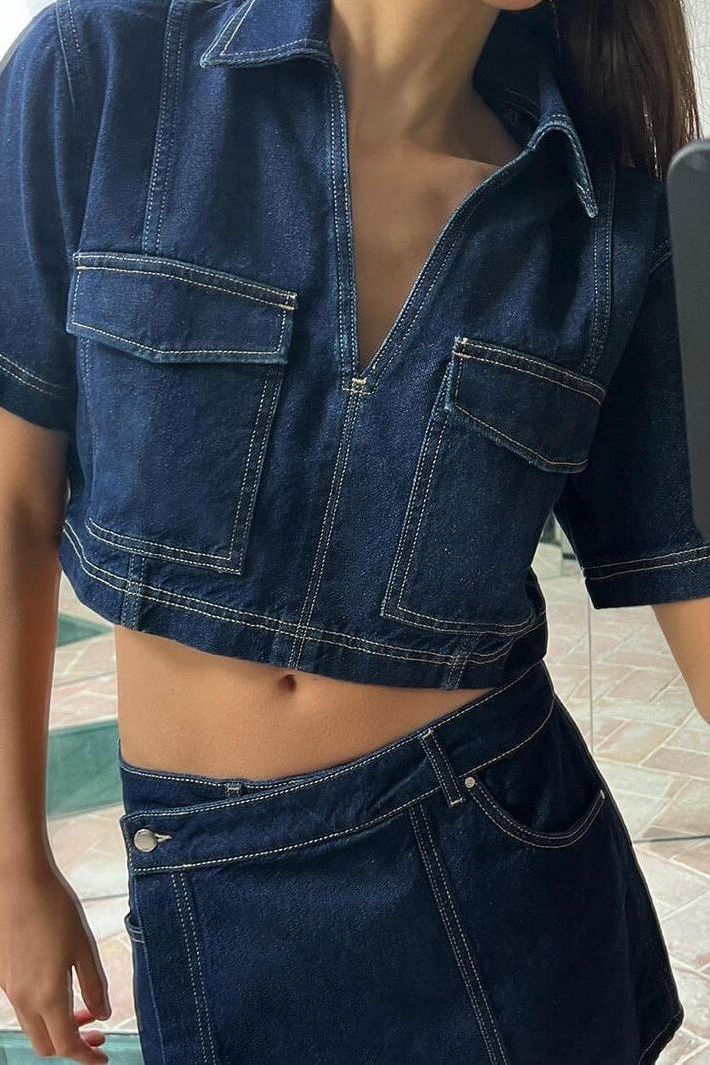 Elisa - Denim Cropped-Top & Skirt Two-Piece Set