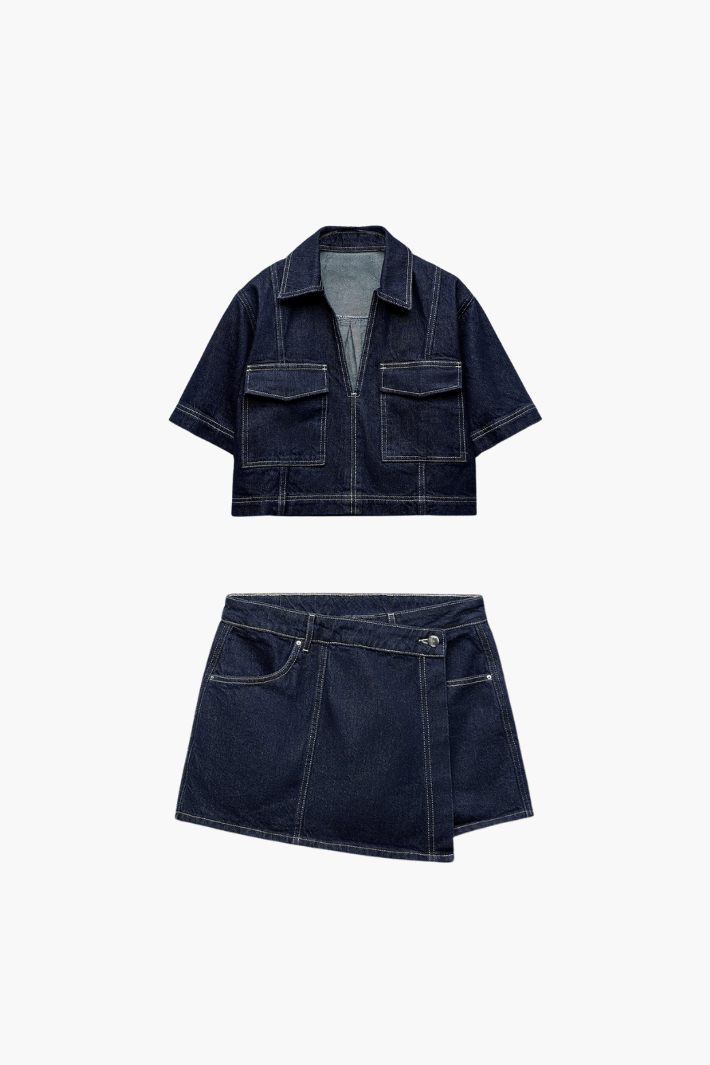 Elisa - Denim Cropped-Top & Skirt Two-Piece Set